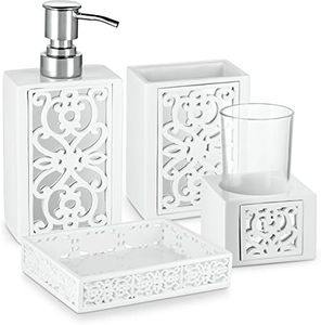 Creative Scents Mirror Janette White Bathroom Accessories Set - Decorative 4 Piece Bathroom Set - Mirrored Bathroom Accessory Set Includes: Soap Dispenser, Toothbrush Holder, Soap Dish and Tumbler
