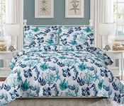 3-Piece Coastal Sea Life Quilted Bedspread Set Twin with Shams,Beach Themed Seashore Conch Seashells Starfish Quilt Coverlet Bedding Set, Soft Lightweight Breathable for Summer (Green Corals,Twin)