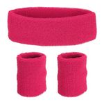 PATIKIL Sports Wristbands Headband Set, 8x8cm Cotton Terry Cloth Athletic Absorbent Sweatband 20x5cm Headband for Tennis Basketball Running, Dark Pink (1 Headband & 2 Wristbands)