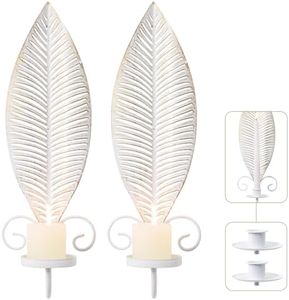 Wall Candle Holder Set of 2, Taper & Pillar Wall Iron Candelabra, Rustic Candle Holders Wall Décor Farmhouse Candle Sconces for Living Room Farmhouse Fireplace Wedding Washed Brown(Distressed White)