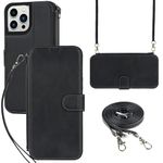 ELTEKER iPhone 13 Pro Max Phone Case with Crossbody Lanyard Strap, PU Leather Flip Cover Wallet Case with Card Holder for iPhone 13 Pro Max (6.7 Inch)- Black
