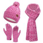 FZ FANTASTIC ZONE Womens Winter Warm Beanie Hat Touchscreen Gloves Long Scarf Set Rib Cable Knit Fleece Lined Skull Pom Caps Rose Red