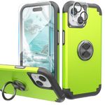 IDweel for iPhone 15 Case with Screen Protector + 360°Ring Holder Stand + Camera Lens Protector,2 in 1 Shockproof Slim Fit Hybrid Heavy Duty Hard PC Cover Soft Silicone Full Body Case,Grass Green