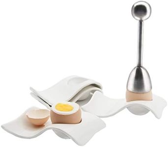 Egg Cup for Soft Boiled Eggs,4pcs Set Ceramic Egg Holder Cups with Stainless Steel Egg Shell Cracker Topper Wave