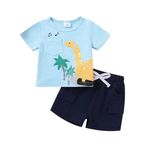 Toddler Baby Boy Summer Shorts Set Cartoon Dinosaur Print Short Sleeve T-shirt Elastic Waist Cargo Shorts Outfit 2Pcs Tracksuit (Blue, 12-18 Months)