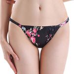 Satini Women's Floral Satin Tanga Bikini Lingerie Panties Knickers (Black Floral, L)