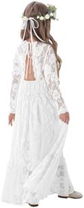 ALLOVIN Long Sleeve Boho Lace Flower Girl Dress, A-Line Ruffle Wedding Baptism Party Dress for Girls 3-12 Years | White | 6-7Y