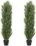 I.C.ELAINE 5 Foot Cedar Topiary Trees Artificial Outdoor Set of 2 Pack, 5ft Faux Plants Cypress Bushes and Shrubs, Fake Evergreen Pine UV Resistant for Home Front Door Porch Patio Planter Decor