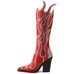 YIYA Women's Rhinestone Flame Pattern Knee High Boots Pointed Toe Chunky High Heel Fashion Side Zipper Sparkly Boots, Red, 6.5 UK