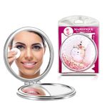 MAJESTIQUE Metal Glitter Beautiful Round Mirror | 1X 2X Magnifying Makeup, Cosmetics, Vanity Mirror | Portable Compact Size For Hand Bag, Dual Sided Colour May Vary, Dresser Mount