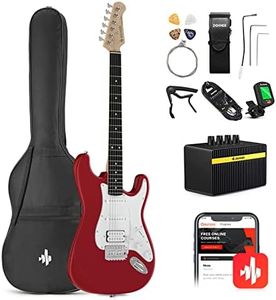 Donner 39 Inch Electric Guitar Beginner Kit Red Full-Size Starter Package HSS Pick Up with All Accessories Amp Online Lesson Bag Tuner Capo Strap String Amp Cable Picks DST-100R
