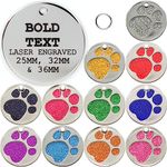 Personalised Engraved 25, 32 & 36mm Glitter Paw Print Pet Tag. BOLD Contrasting Text. Small, Large & Very Large CAT/DOG ID Tags (Red, 32mm (medium & large dogs))