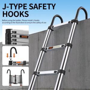 3.2M Telescopic Ladder – Stainless Steel Loft Ladder with Stabilizer Bar & Hooks
