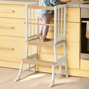 COSYLAND Kids Kitchen Step Stool, Toddler Standing Tower with CPC & FSC Certification, Removable Anti-Drop Railing Safety Rail Enjoys Unique Patented Design A Anti-tip Stable Structure Natural & White