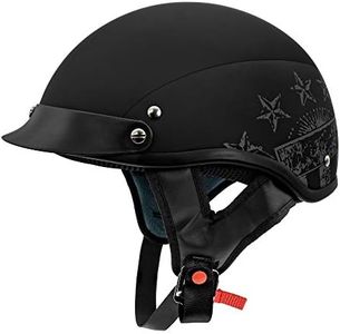 VCAN Cruiser Solid Flat Black Half Face Motorcycle Helmet (Star Flag, Large)