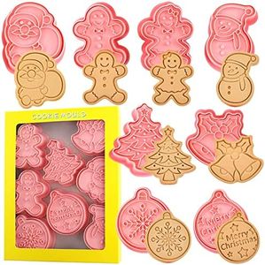 Crethinkaty Christmas Cookie Cutter Set, 8pcs 3D Pressable Christmas Cookie Cutters and Stamps- Gingerbread Man, Christmas Tree, Snowman,Santa,Bells,Snowflake,Merry Christmas