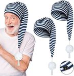 Eurzom 2 Pcs Men's Night Cap Striped Pajama Hat Adjustable Sleeping Caps with Pom Ball for Party Supplies, Navy Blue and White, One Size