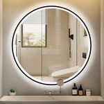 furduzz Round LED Bathroom Mirror with Black Frame, 800mm Bathroom Mirror with Light, Illuminated Wall Mounted Mirror with Anti-fog, Memory Function, 3 colors, Dimmable, Tempered Glass