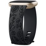 Oielai Sunflower Engraved Strap Compatible with Fitbit Versa 3/Fitbit Versa 4/Fitbit Sense/Fitbit Sense 2 Strap Women, Soft Silicone Replacement Strap for Versa 3/Versa 4/Sense 2/Sense, S Black