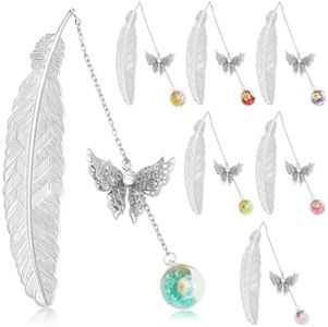 7 marcapáginas de plumas de metal con colgante de mariposa 3D, regalo para amantes de los libros, lectores, profesores y estudiantes, decoraciones de caja de regalo de Navidad (pluma plateada)