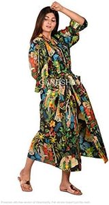 Indian Handmade design Sleepwear Beach Cover up Cotton Bath Robes Kimono Women Cardigan Nightgown (Black), Black, One Size