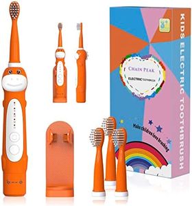 CHAIN PEAK Dinosaur Electric Toothbrush,Sonic Toothbrush,Age 3-12 with 30s Reminder,2 Mins Timer,5 Modes,4 Brush Heads,Rechargeable,Wall-Mounted Holder,8680 Orange+4 Heads+Holder,Pack of 1,1 count