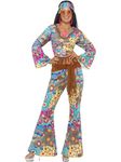 Smiffys Hippy Flower Power Costume, Multi-Coloured with Top, Trousers, Headband and Belt, 1960's Groovy Fancy Dress, Adult Dress Up Costumes