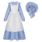 HEQU Colonial Girls Costume Pioneer Dress Prairie Polyester Printed Costume Halloween School Party Dress Up(XL Blue)