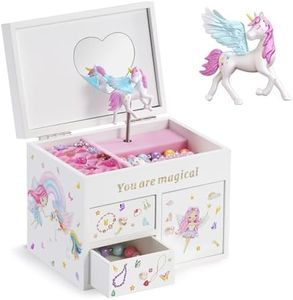 Lolalet Wooden Jewelry Box with Unicorn for Girls, Musical Children's Jewelry Organizer, Gift for Toddler Age 2 3 4 5 6 7 8 9 on Birthday -White