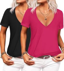 Beyove 2 Pack Sets Women's Sexy Deep V T-Shirt Summer Short Sleeve Loose Casual Tee