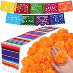 50 Pcs Marigold Flower Heads Bulk Day of The Dead Decor Altar De Ofrendas Dia de Muertos Decoration 9 Pcs Mexican Papel Picado 1 Pcs Mexican Table Runner Supplies (Orange, Purple)