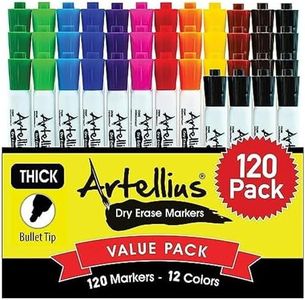 Artellius 120 Bulk Pack of Dry Erase Markers (12 ASSORTED COLORS W/ 21 EXTRA BLACK) - Thick Barrel - Perfect Pens For Writing on Whiteboards, Dry-Erase Boards, Mirrors, & All White Board Surfaces