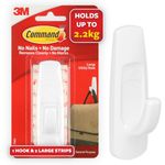 3M Command Large Utility Wall Hooks, holds 2.2kg, Damage free, Heavy Duty, Holds Strongly, Reusable, Adhesive hooks for wall, Multi-surface, hooks for hanging (White, 1 hook, 2 strips), Plastic