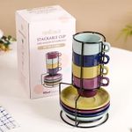 Nestasia Stackable Ceramic Cups Set of 4 (90 ml) | Microwave & Dishwasher Safe Tea & Coffee Mugs with Glossy Finish | Ideal for Gifting