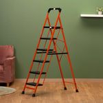 BonKaso Premium Steel Multipurpose Climb Easy Anti-Slip 6-Step Foldable Ladder with Safety Clutch Lock, Support Handle and Tool Tray for Home - (Orange & Black)