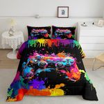 Video Game Reversible Gamepad Comforter Set Queen Size,Watercolor Tie-dye Bedding Set for Kids Boys Bedroom Decoration,Colorful Graffiti Bed Duvet Insert,Modern Gamer Comforter with 2 Pillowcases