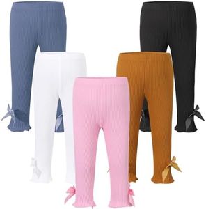 Rcuhsxi 5 Pack Baby Girl Pants Toddler Girl Solid Ribbed Long Pants with Bow Bottoms Toddler Leggings for 12 Months-18 Months