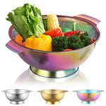 Kyraton Rainbow Colander 28.5cm, Professional Titanium Colorful Plating Stainless Steel Strainer with Heavy Duty Handles and Self Draining Solid Ring Base, Easy Clean and Dishwasher Safe