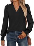 ANRABESS Women's Puff Long Sleeve Shirts V Neck Loose T-Shirts Dressy Casual Work Blouses 2024 Fall Tops Trendy Clothes Black S