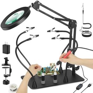 ROLOOR Magnetic Helping Hands Soldering Third Hand, Flexible 5X & 10X Magnifying Glass with Light and Stand, Large Base & Clamp Magnifying Lamp, Soldering Arms for Soldering Craft Hobby, RL-ZM-4B-5V