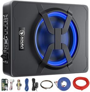 AINAVI 10 Inch Under Seat Car Subwoofer Bass Active Stereo with Blue Color Ambient Lighting,Built-in Amplifier 800 Watts Max, APP Control and Enclosure