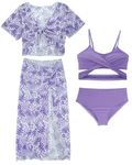 FEOYA Girl's Tropical Print Bikini Set Cute Criss Cross Swimsuit Sun Protection Bathing Suit with Beach Surf Cover Up Purple