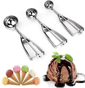 MIZOXY 3-Piece Stainless Steel Scoop Set - Ice Cream Scooper, Cookie Scoop, Melon Baller - Trigger Release - Ideal for Ice Cream, Cookies, Cakes, Melons - Baking Spoon Scoopers - Fruit, Mashed Food