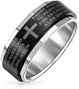 Personalized Unisex Religious Padre Nuestro Lords Pray Cross Fidget Spinner Ring Band for Men Women Teens Black Silver Tone Stainless Steel