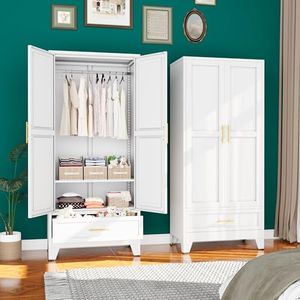 erosoei 71" H Metal Tall Armoire Wardrobe Closet with Drawer,Household Steel Wardrobe Closet Cabinet with Drawers,Clothing Storage Wardrobe Cabinet with Adjustable Shelves and Hanging Rod for Bedroom