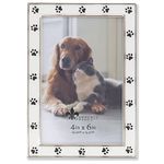 4x6 Silver Metal and White Enamel Picture Frame, Paw Print Design