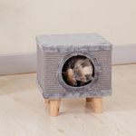 PetVogue Cat Bed for Indoor Cats Cube House Multifunctional Cat Tree Condo Stool Seat, Pet House Storage Stool Chair with Wooden Legs and Kitten Stratcher on All Sides