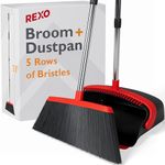 REXO® 55" Broom and Dustpan Set Long Handle, 5-Row Bristles, Upright Dustpan, Indoor Outdoor Sweeping Brush Set, Lobby Broom, Stand Up Dustpan Brush Set, Dustpan Brush Long Handle Set - (Red, Black)