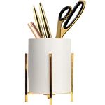 Office Pencil Holder Desktop Pen folder White ceramic With Metal Frame(1Pack 4.6 3.14in),Gold