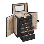 SONGMICS 6 Tier Jewelry Box, Jewelry Case with 5 Drawers, Large Storage Capacity, with Mirror, Lockable, Jewelry Storage Organizer, Gift for Loved Ones, For Watches, Black UJBC152B01